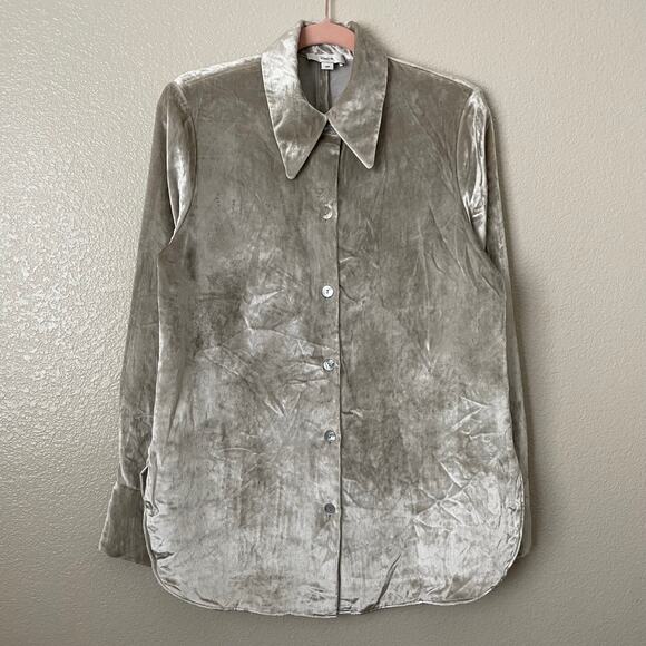 Vince Top Womens Medium Gray Velvet Silk Button Up Front Quiet Luxury Preppy - Picture 3 of 14